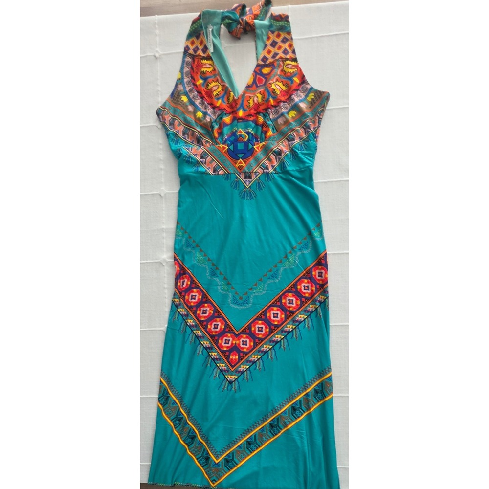 Landou Teal Boho Tribal Print Halter Neck V-Neck Maxi Dress XL